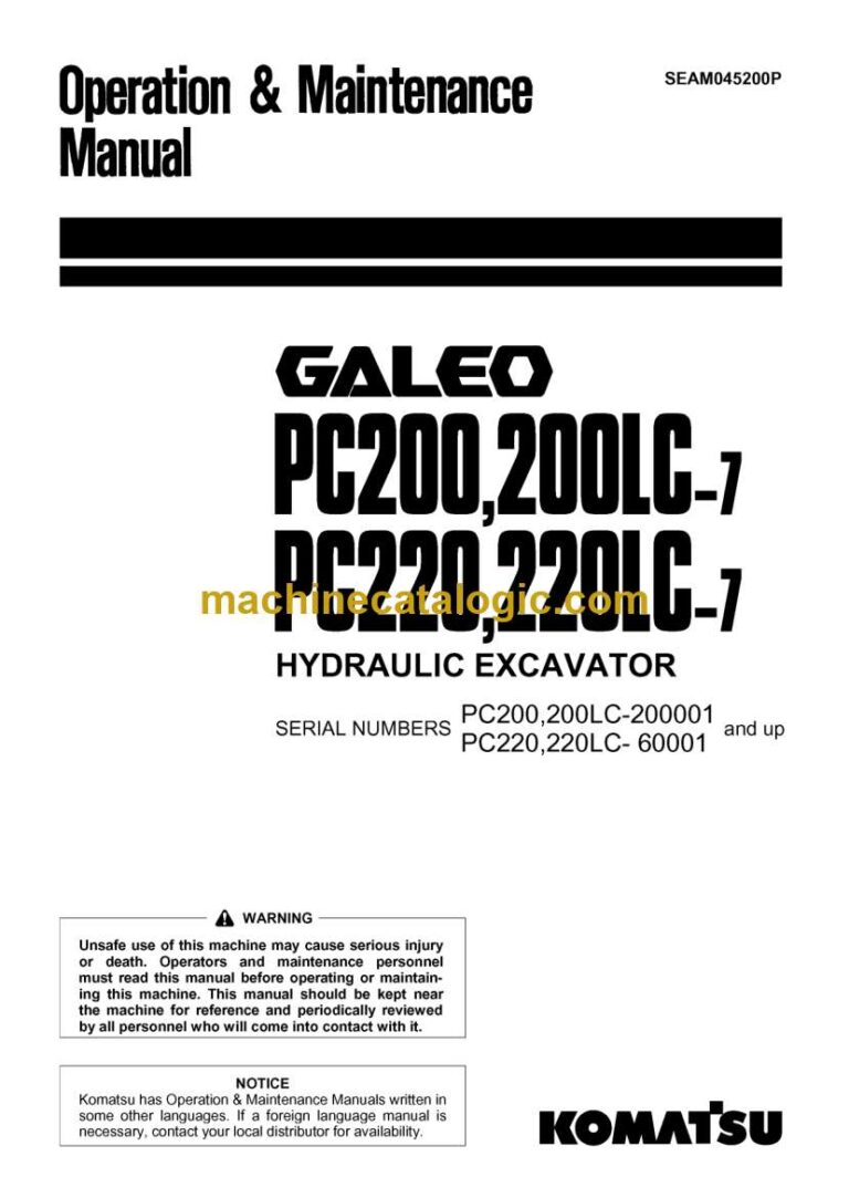 Komatsu PC200-7, PC200LC-7, PC220-7, PC220-7 Hydraulic Excavator Operation and Maintenance Manual (SEAM045200P)