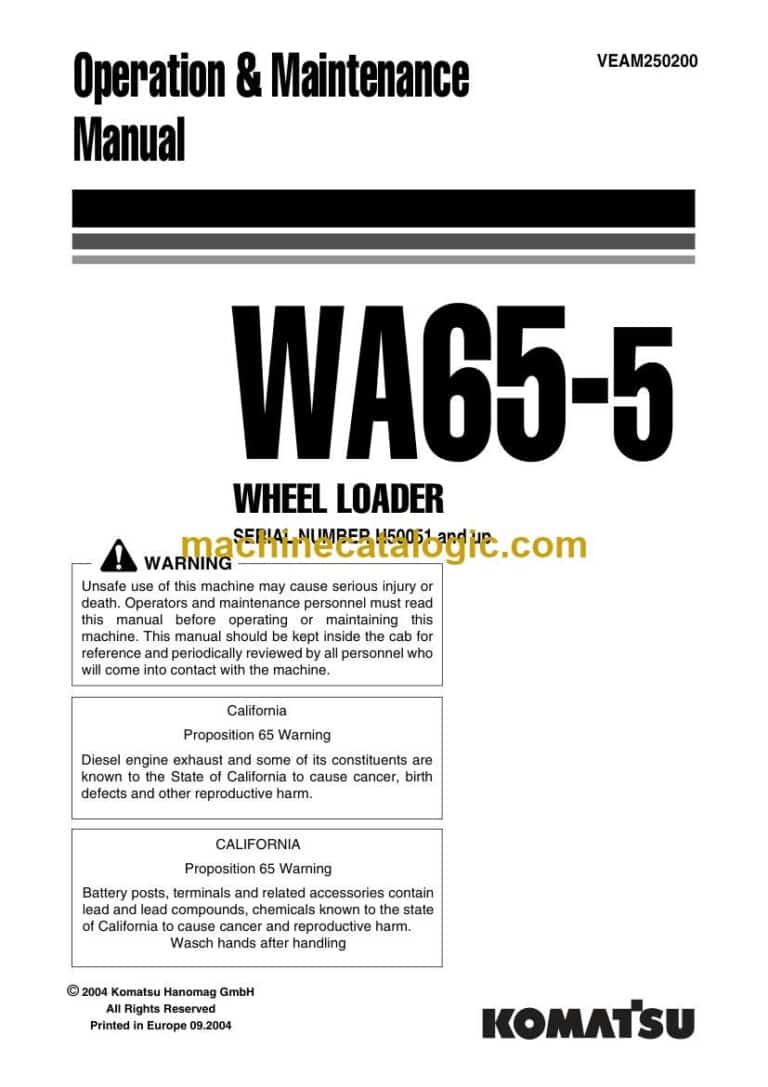 Komatsu WA65-5 Wheel Loader Operation and Maintenance Manual (VEAD250200)