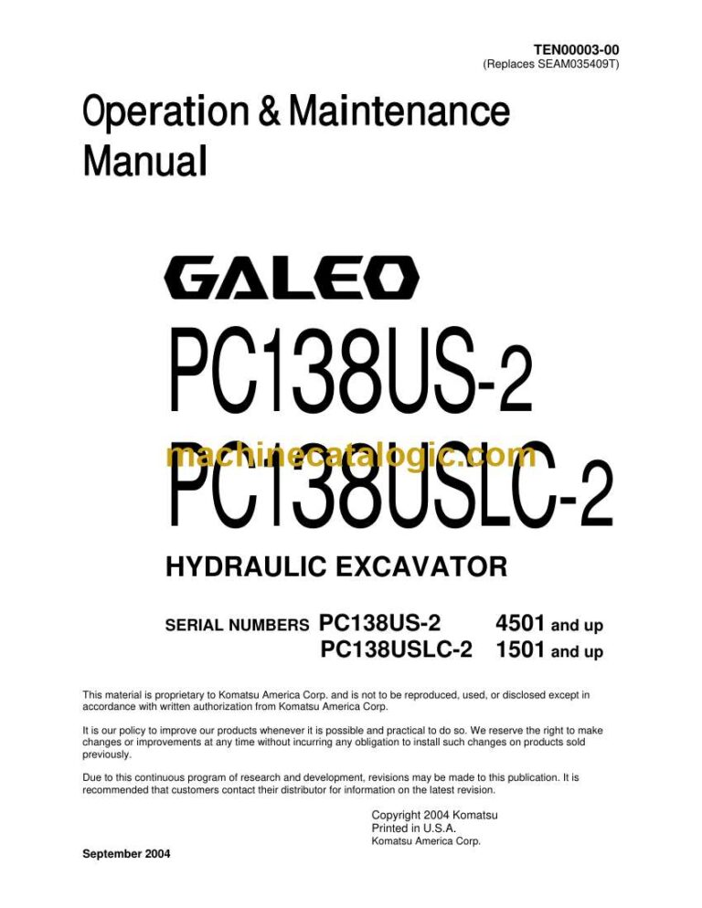 Komatsu PC138US-2, PC138USLC-2 Hydraulic Excavator Operation and Maintenance Manual (TEN00003-00)