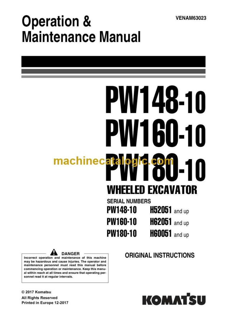 Komatsu PW148-10, PW160, PW180-10 Hydraulic Excavator Operation and Maintenance Manual (VENAM63023)