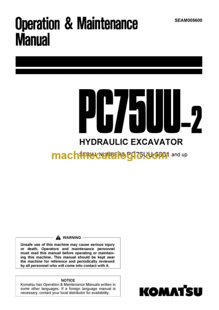Komatsu PC75UU-2 Hydraulic Excavator Operation and Maintenance Manual (SEAM005600)