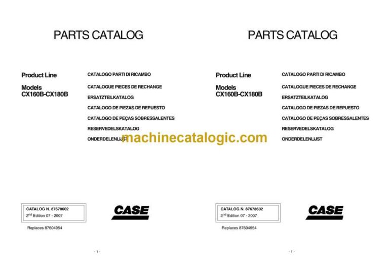 Case CX160B, CX180B Crawler Excavator Parts Catalog (87678602_int_A4N)
