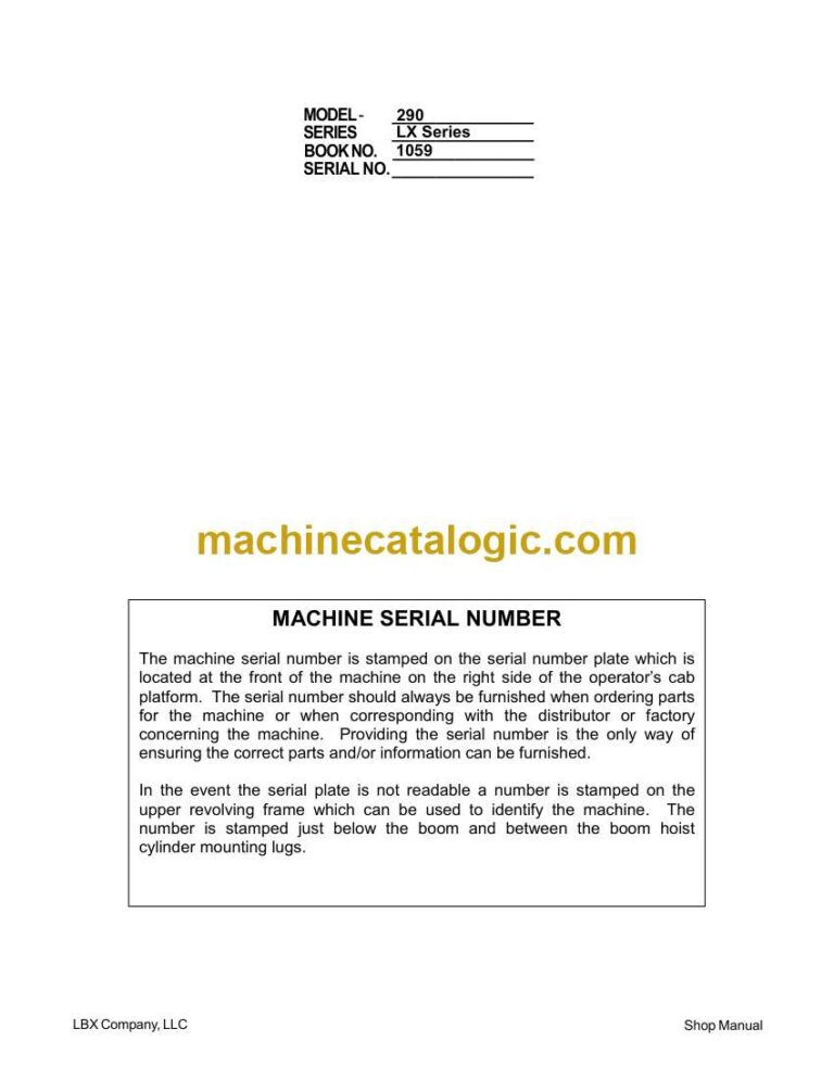 Link Belt 290LX Excavator Shop Manual