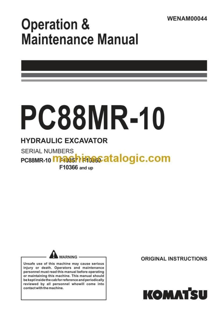 Komatsu PC88MR-10 Hydraulic Excavator Operation and Maintenance Manual (WENAM00044)