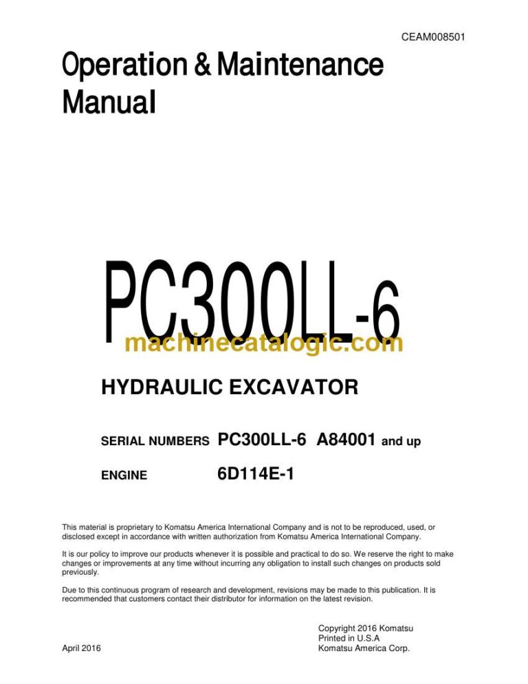 Komatsu PC300LL-6 Hydraulic Excavator Operation and Maintenance Manual (CEAM008501)
