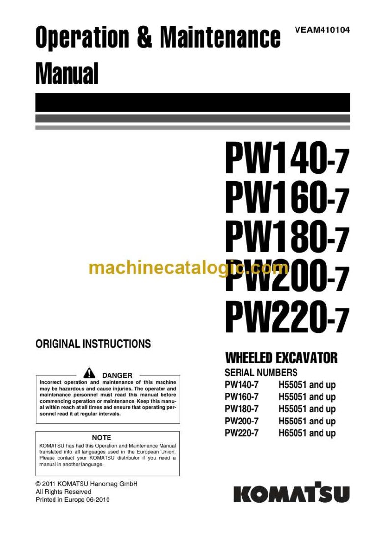 Komatsu PW140-7, PW160-7, PW180-7, PW200-7 Hydraulic Excavator Operation and Maintenance Manual (VEAM410104)