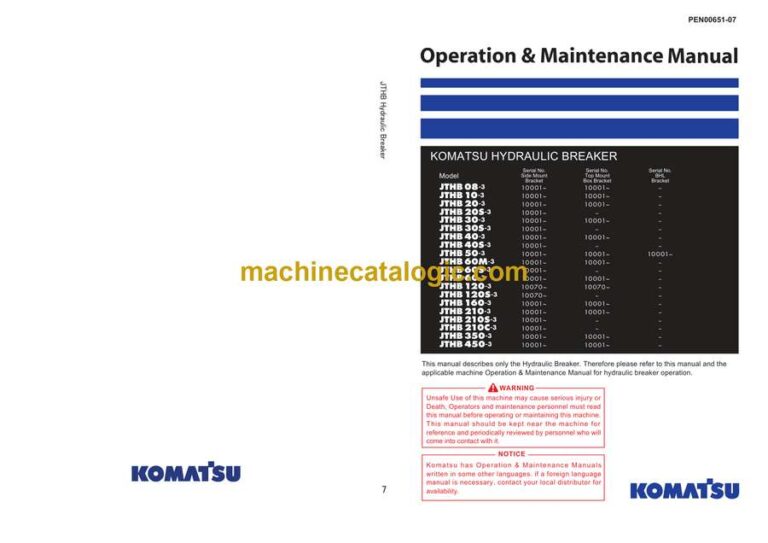 Komatsu JTHB450-3 Hydraulic Breaker Operation and Maintenance Manual (PEN00651-07)