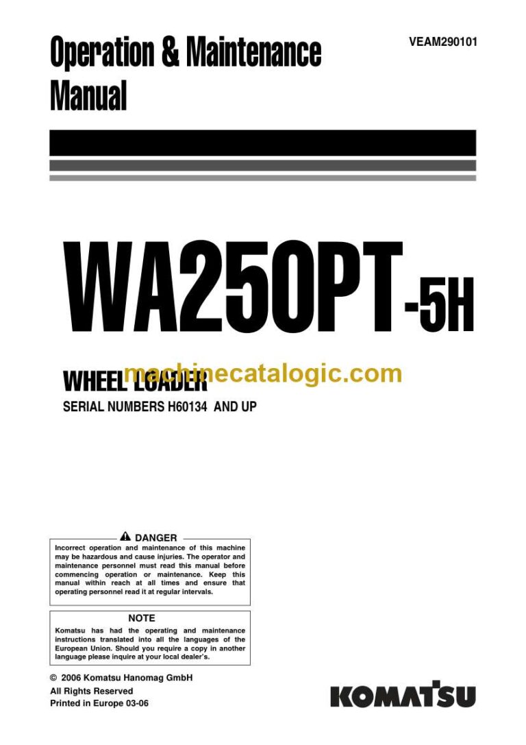 Komatsu WA250PT-5H Wheel Loader Operation and Maintenance Manual (VEAM290101)