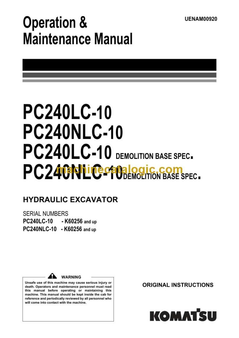 Komatsu PC240LC-10, PC240NLC-10 Hydraulic Excavator Operation and Maintenance Manual (UENAM00920)