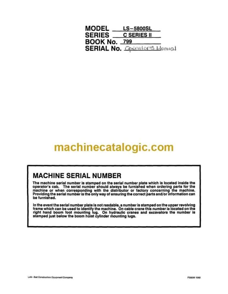 Link Belt LS5800SL C Series 2 Excavator Operators Manual