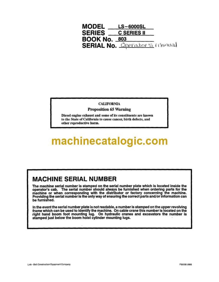 Link Belt LS6000SL C Series 2 Excavator Operators Manual