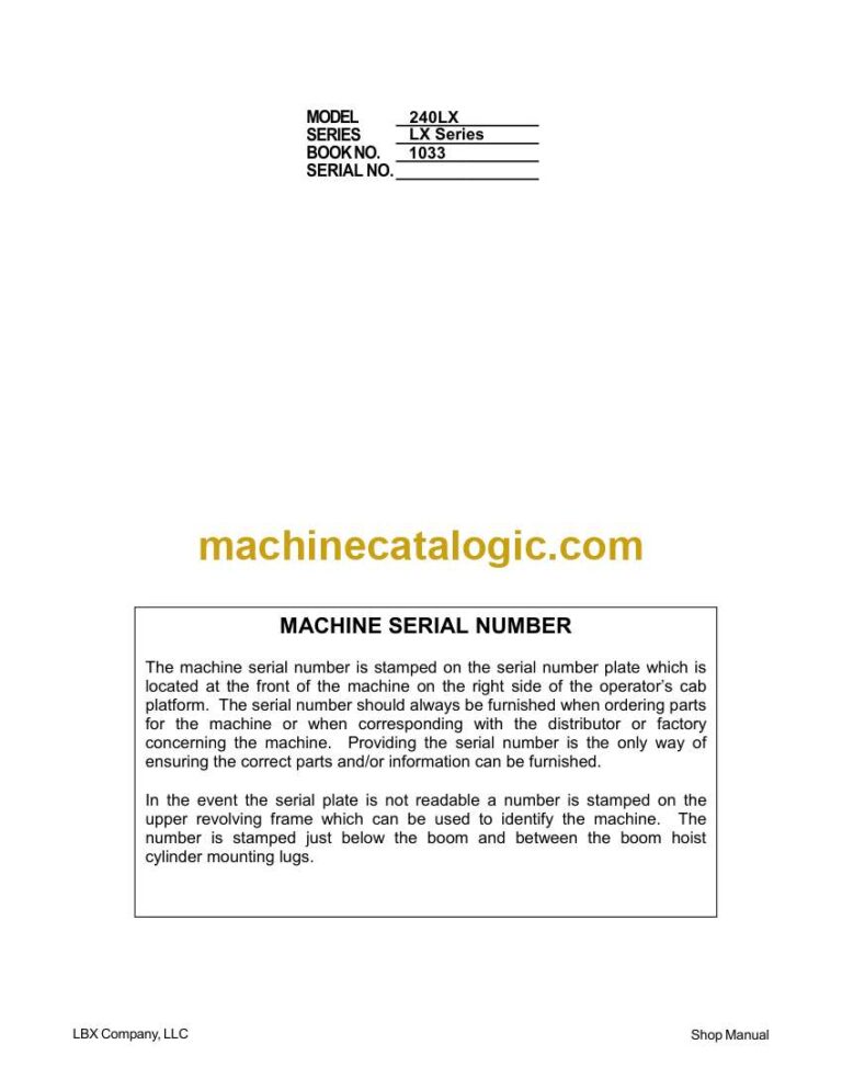 Link Belt 240LX Excavator Shop Manual