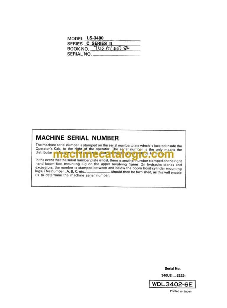Link Belt LS3400 C Series 2 Excavator Operators Manual