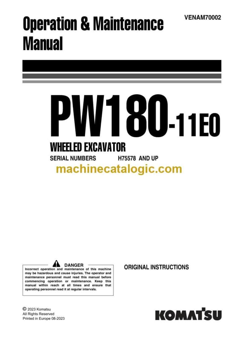 Komatsu PW180-11E0 Hydraulic Excavator Operation and Maintenance Manual (VENAM70002)