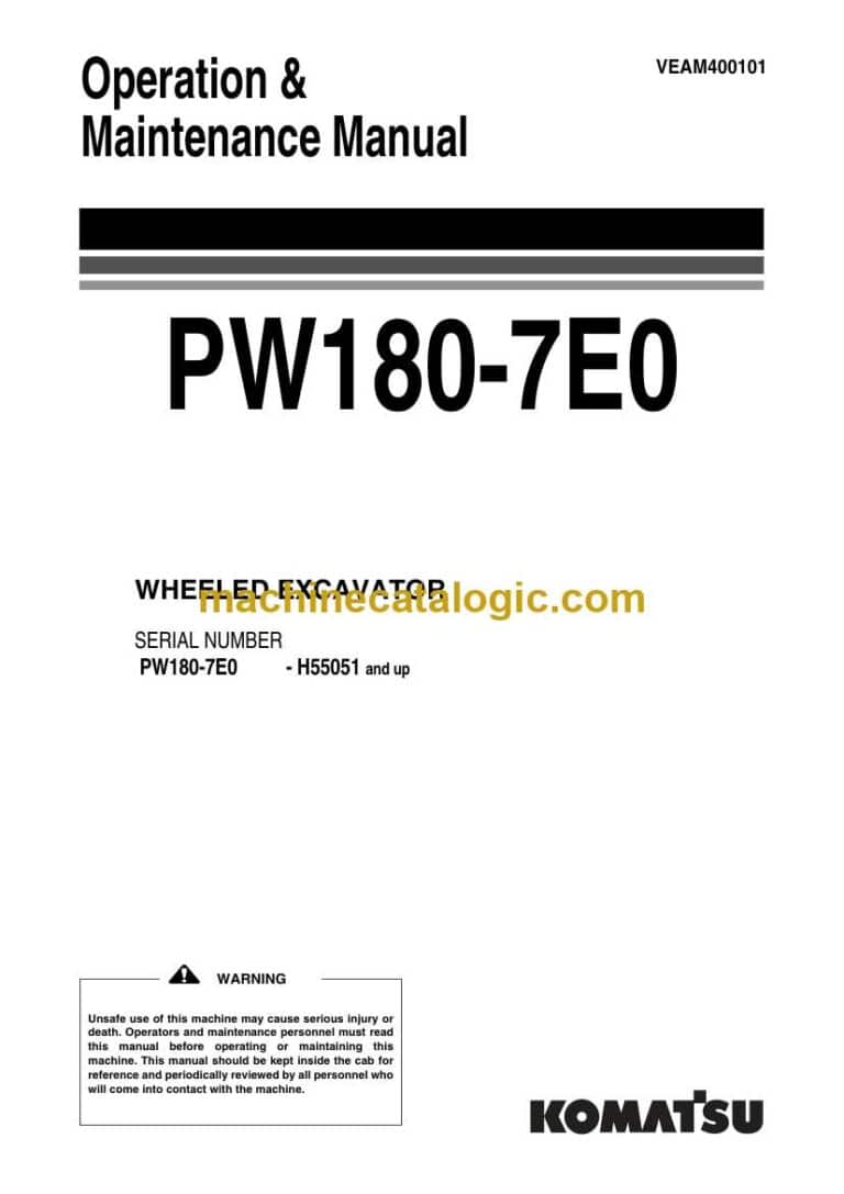 Komatsu PW180-7E0 Hydraulic Excavator Operation and Maintenance Manual (VEAM400101)
