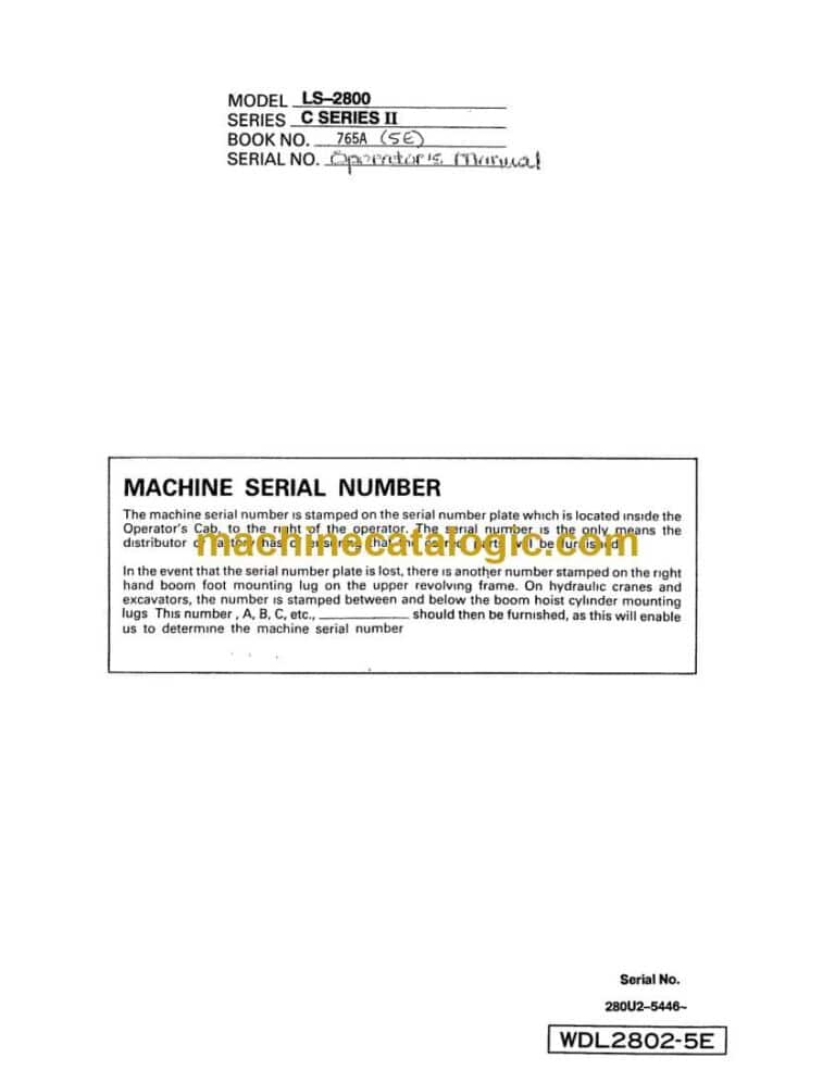 Link Belt LS2800 C Series 2 Excavator Operators Manual