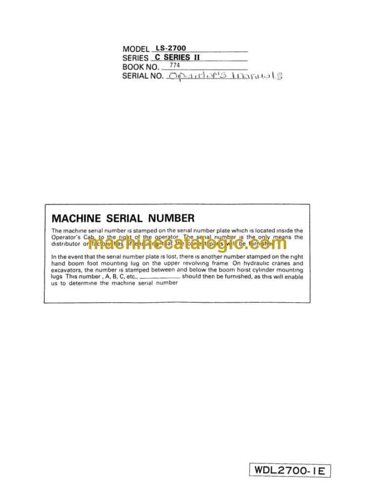 Link Belt LS2700 C Series 2 Excavator Operators Manual