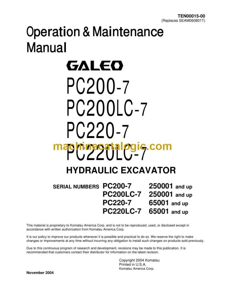 Komatsu PC200-7, PC200LC-7, PC220-7, PC220LC-7 Hydraulic Excavator Operation and Maintenance Manual (TEN00015-00)