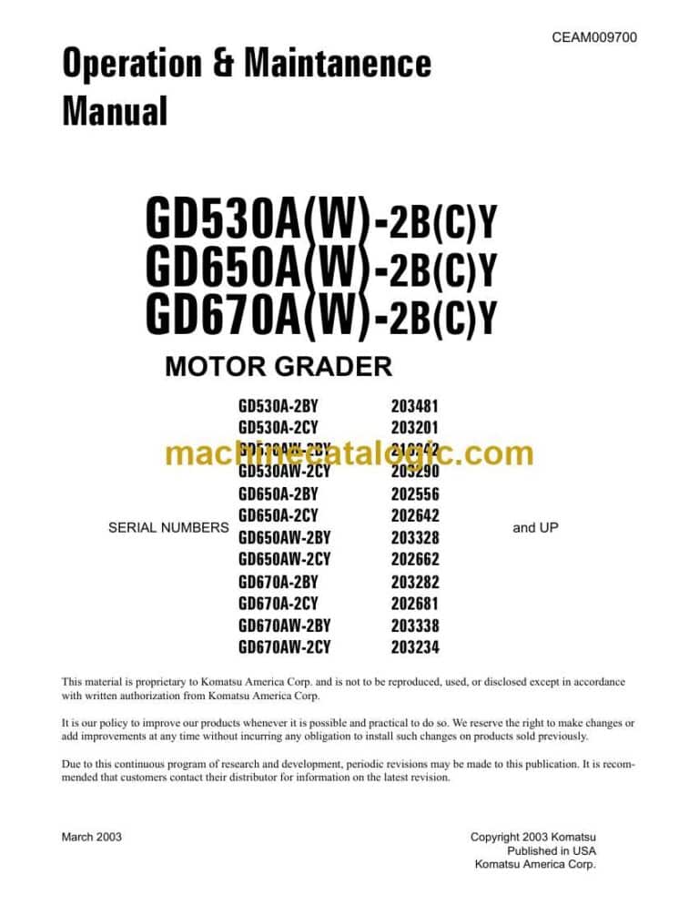 Komatsu GD530AW-2, GD650AW-2, GD670AW-2 Motor Grader Operation and Maintenance Manual (CEAD009700)