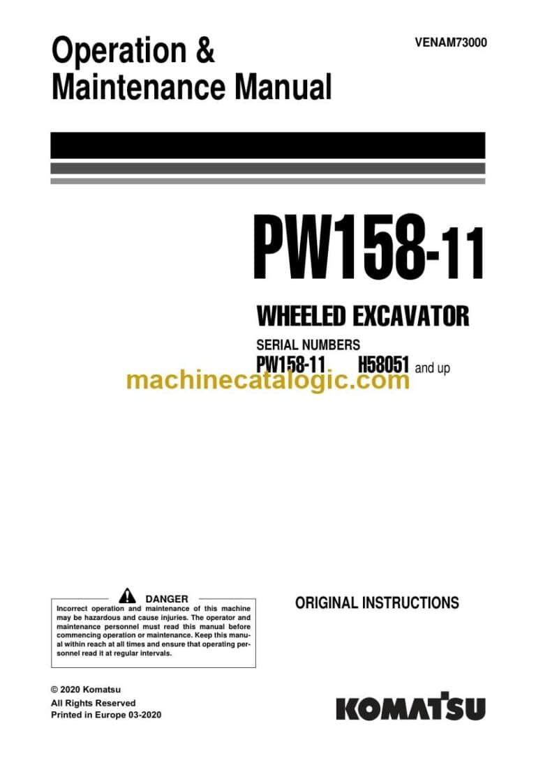 Komatsu PW158-11 Wheeled Excavator Operation and Maintenance Manual (VENAM73000)