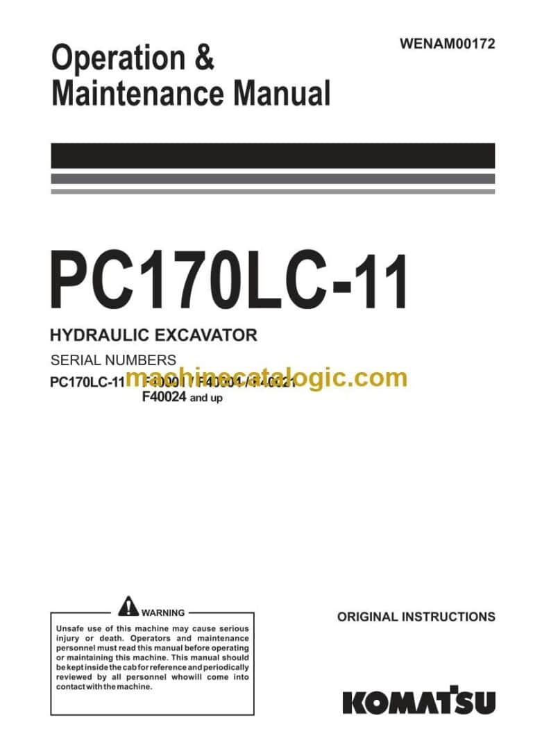 Komatsu PC170LC-11 Hydraulic Excavator Operation and Maintenance Manual (WENAM00172)