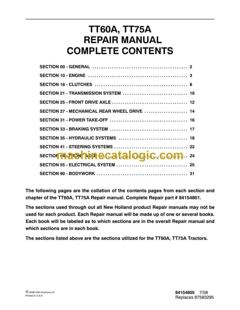 New Holland TT60A, TT75A Repair Manual (84154801)