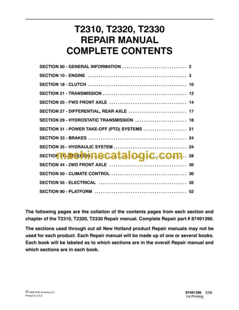 New Holland T2310, T2320, T2330 Repair Manual (87491390)