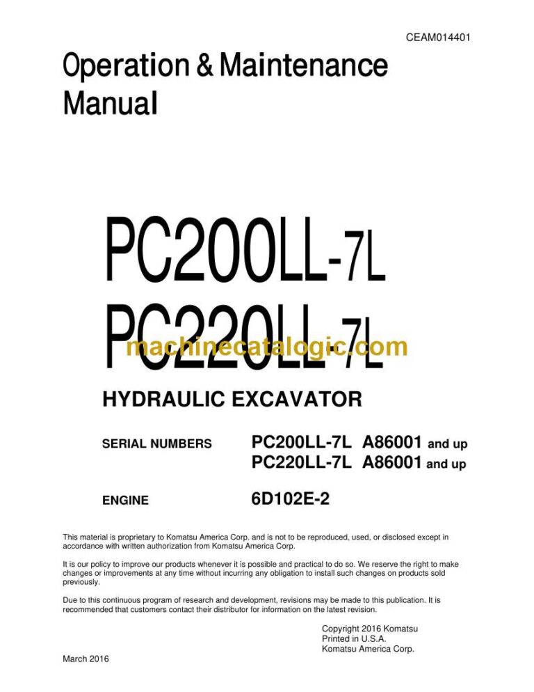 Komatsu PC200LL-7L, PC220LL-7L Hydraulic Excavator Operation and Maintenance Manual (CEAM014401)