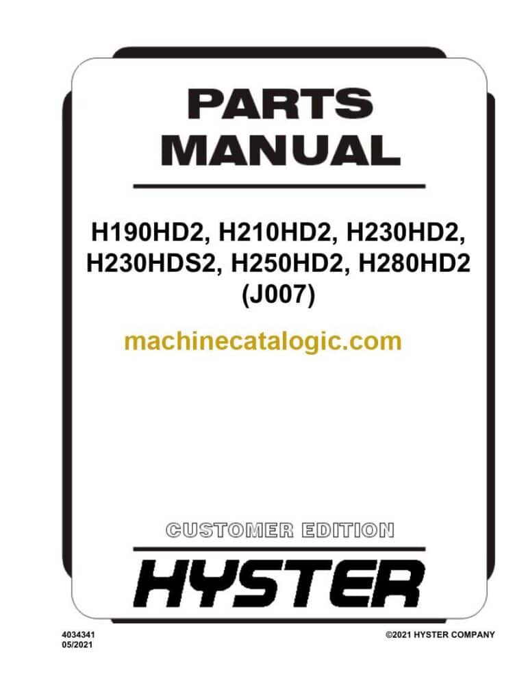 Hyster H190HD2, H210HD2, H230HD2, H230HDS2, H250HD2, H280HD2 (J007) Forklift Parts Manual