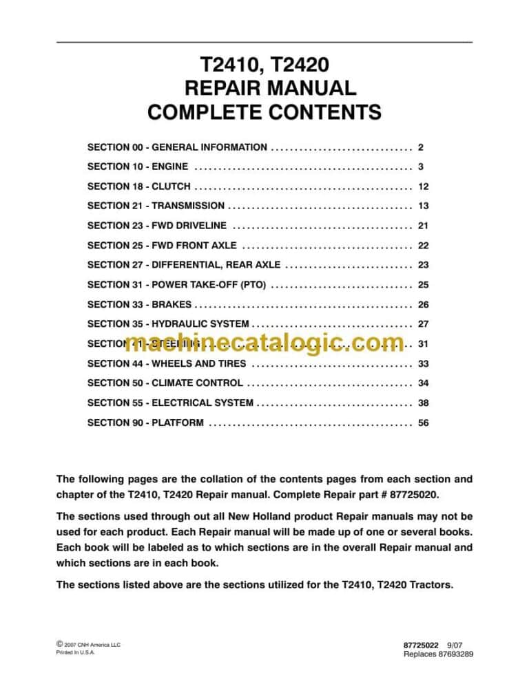 New Holland T2410, T2420 Repair Manual (87725020)