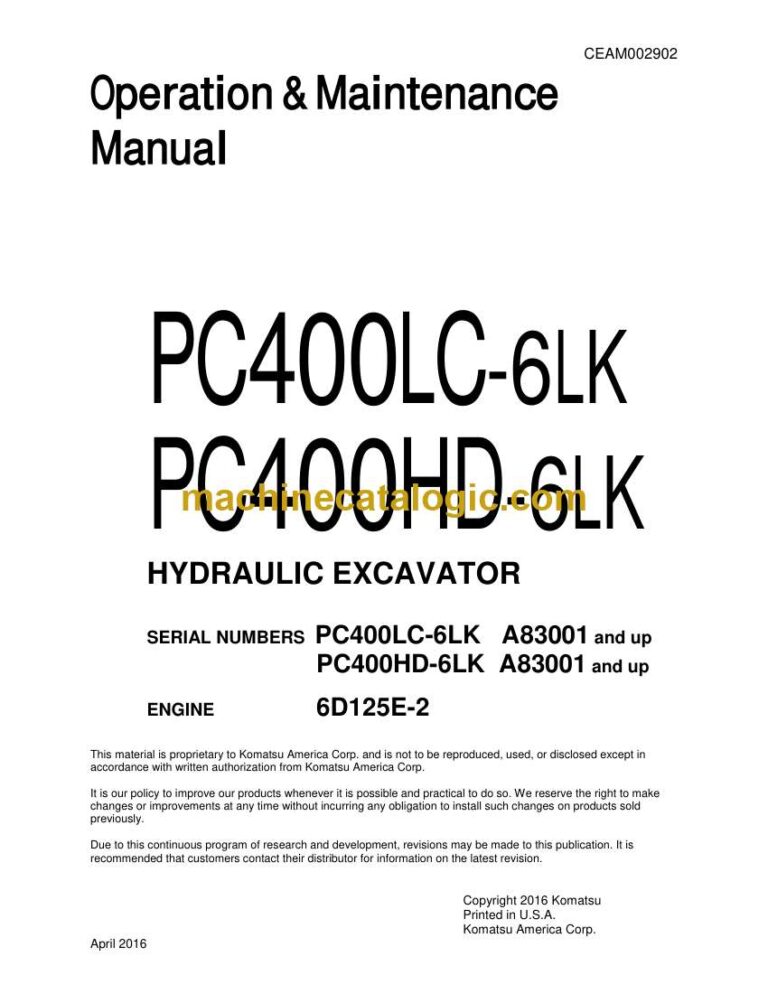 Komatsu PC400LC-6LK, PC400HD-6LK Hydraulic Excavator Operation and Maintenance Manual (CEAM002902)