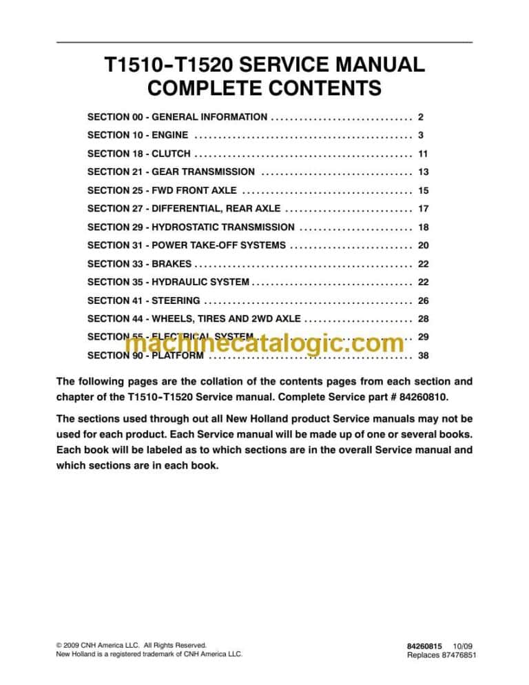 New Holland T1510, T1520 Tractor Service Manual (84260810)