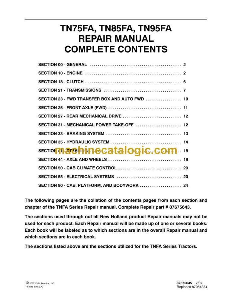 New Holland TN75FA, TN85FA, TN95F Repair Manual (87675643)