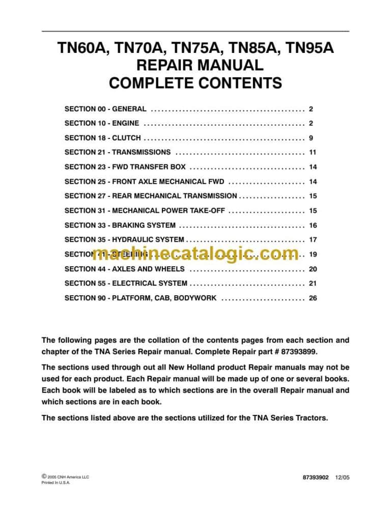 New Holland TN60A, TN70A, TN75A, TN85A, TN95A Repair Manual (87393899)