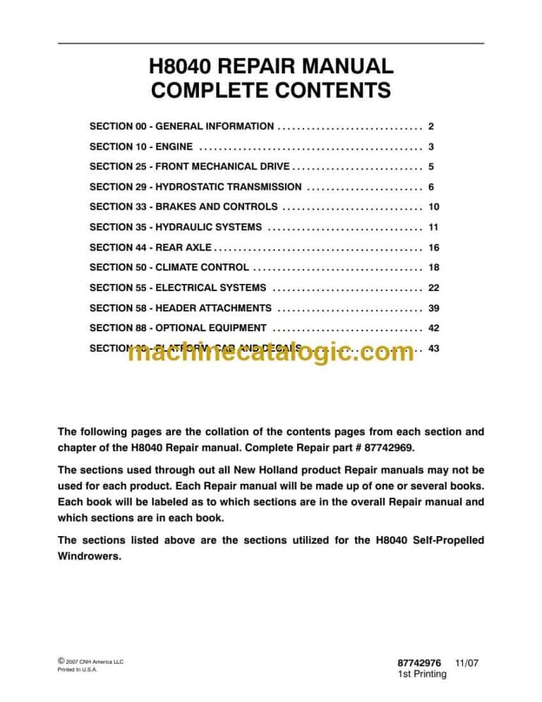 New Holland H8040 Repair Manual (87742969)