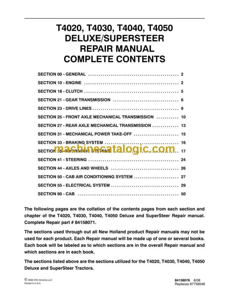 New Holland T4020, T4030, T4040, T4050 Deluxe, Supersteer Repair Manual (84158071)