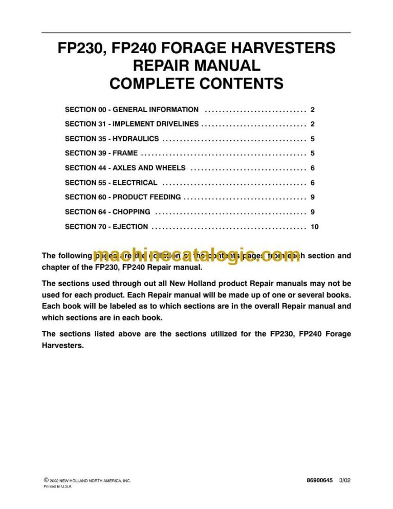 New Holland FP230, FP240 Forage Harvesters Repair Manual (86900642)