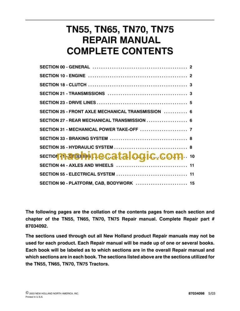 New Holland TN55, TN65, TN70, TN75 Repair Manual (87034092)