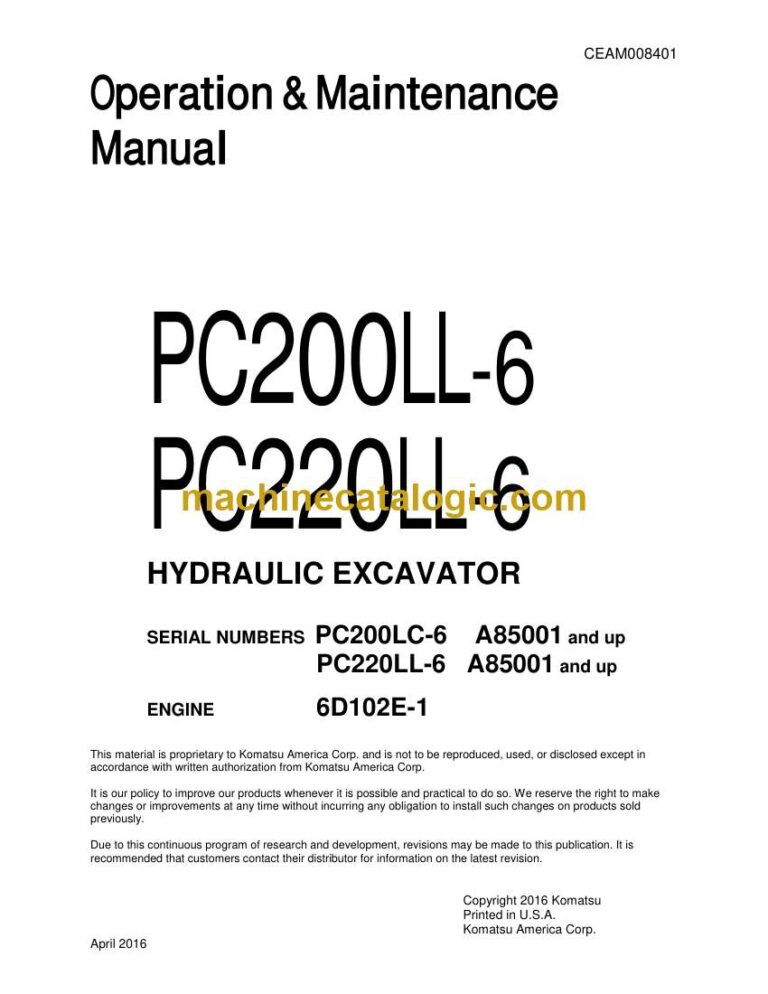 Komatsu PC200LL-6, PC220LL-6 Hydraulic Excavator Operation and Maintenance Manual (CEAM008401)