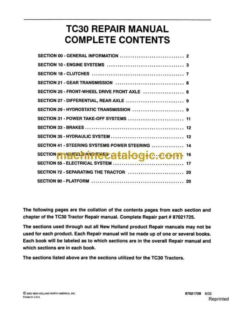 New Holland TC30 Tractor Repair Manual (87021725)