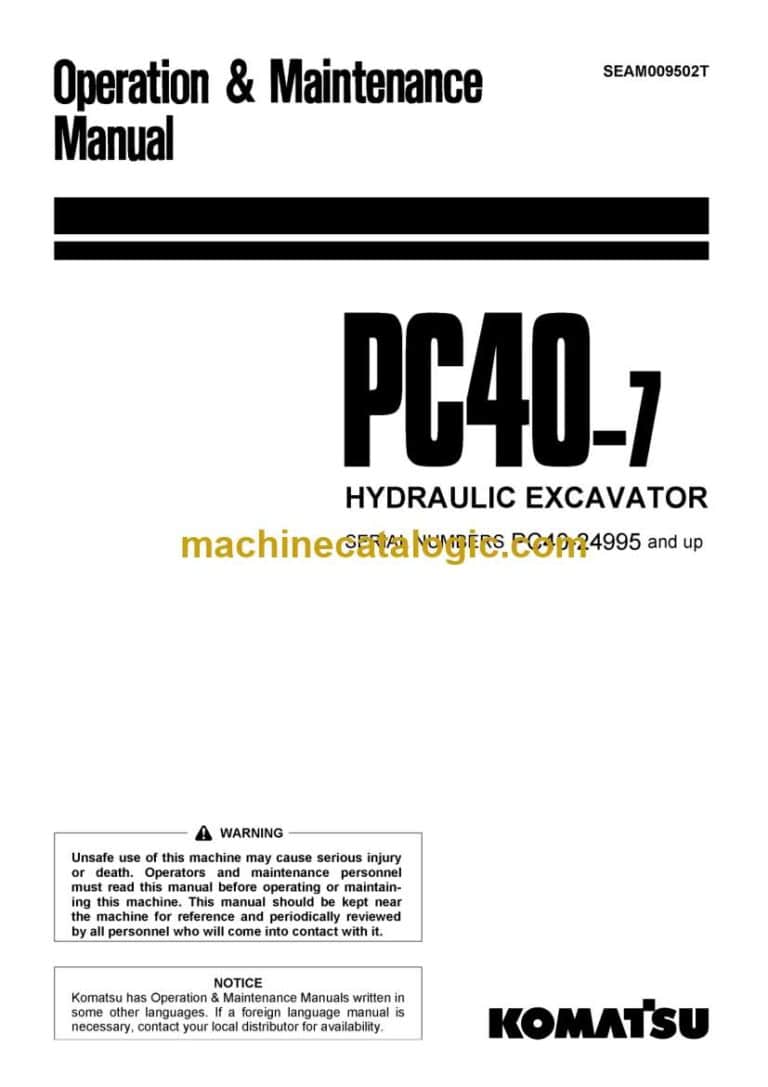 Komatsu PC40-7 Hydraulic Excavator Operation and Maintenance Manual (SEAM009502T)