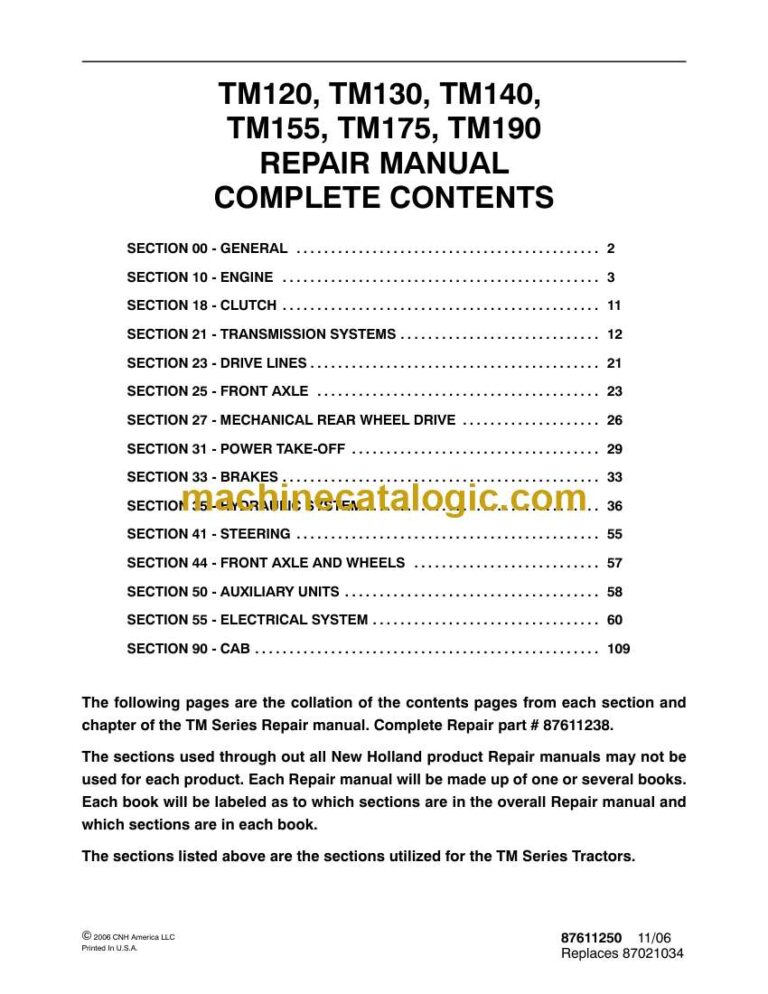 New Holland TM120, TM130, TM140, TM155, TM175, TM190 Repair Manual (87611238)
