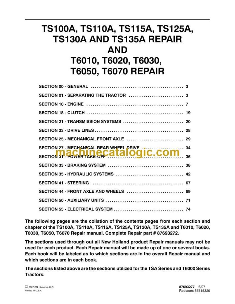 New Holland TS100A, TS110A, TS115A, TS125A, TS130A, TS135A, T6010, T6020, T6030, T6050, T6070 Tractor Repair Manual (87693272)