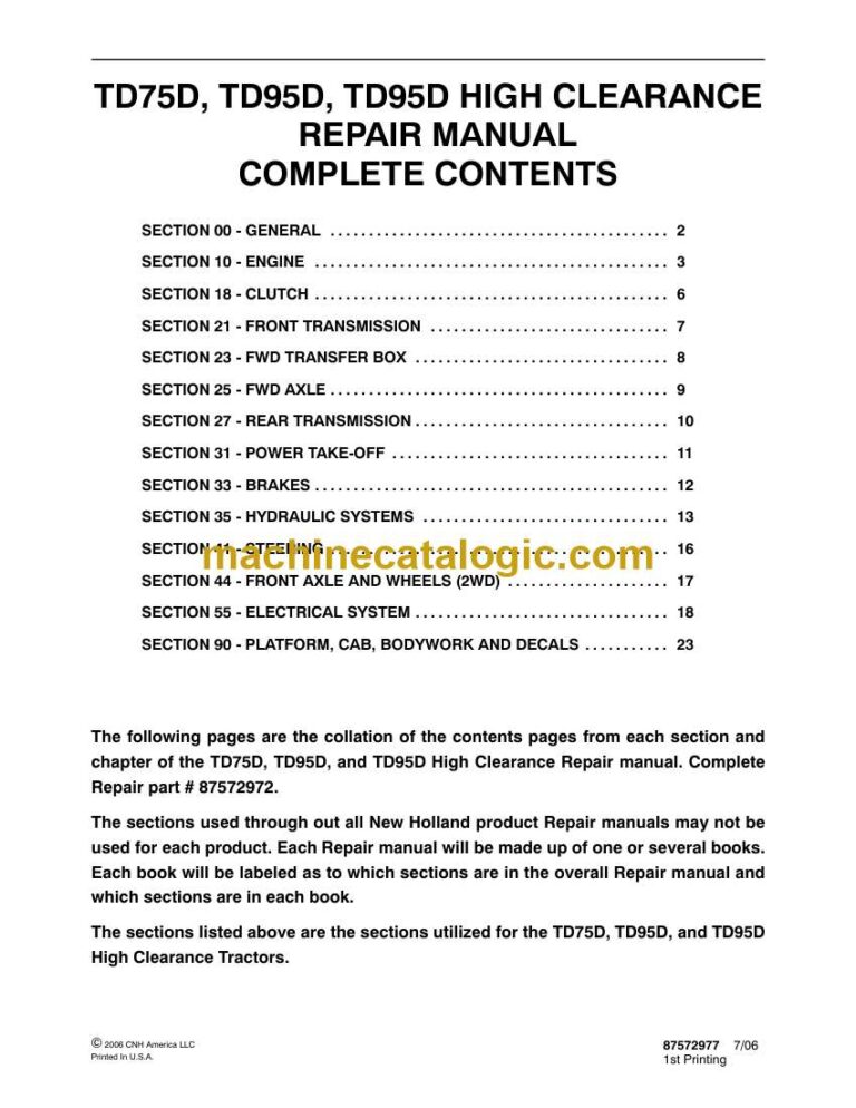 New Holland TD75D, TD95D, TD95D High Clearance Repair Manual (87572972)