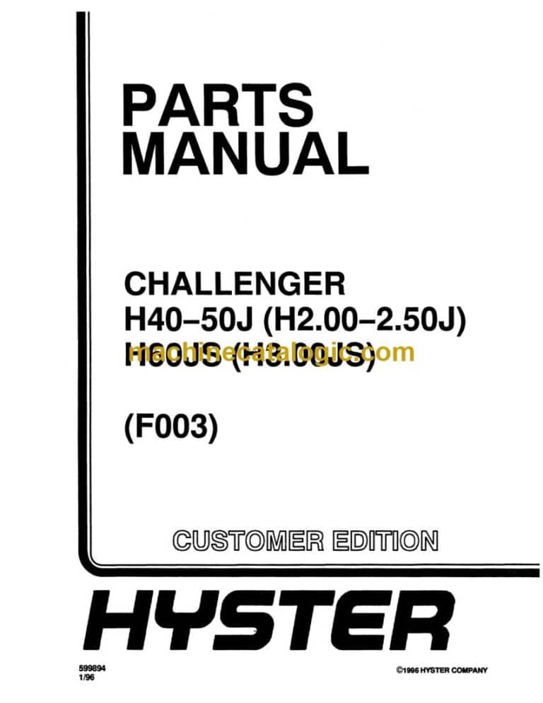 Hyster H40, H50J (H2.00, H2.50J) H60JS (H3.00JS) (F003) Forklift Parts Manual
