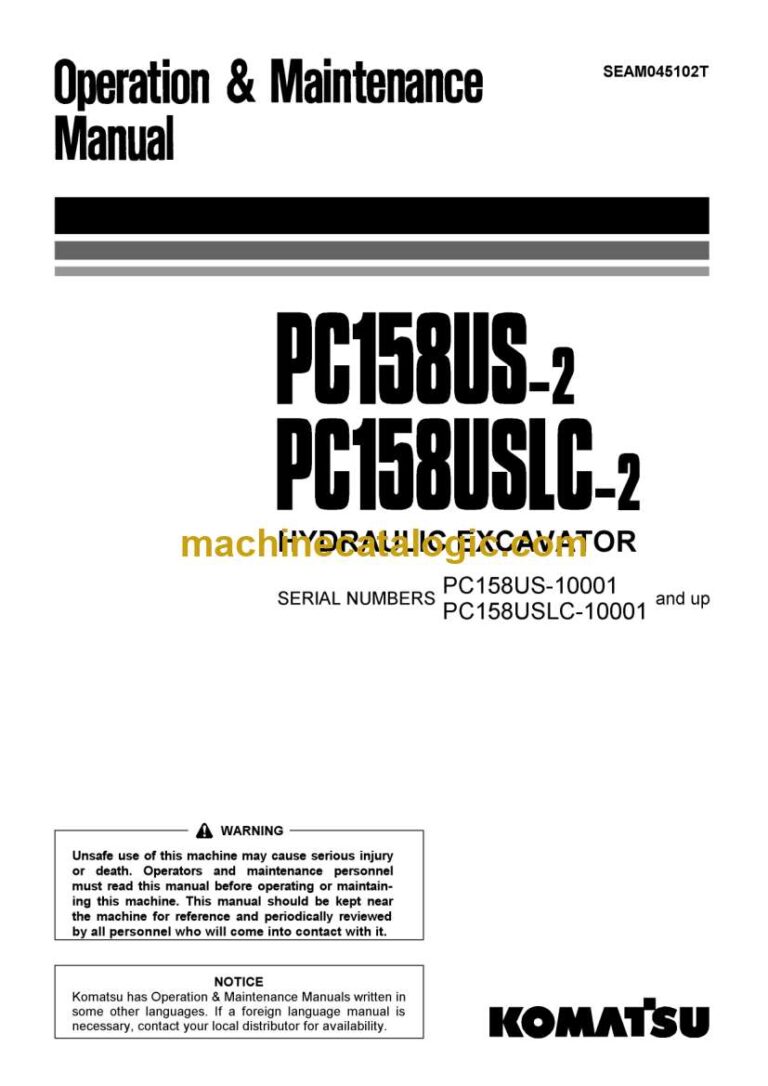 Komatsu PC158US-2, PC158USLC-2 Hydraulic Excavator Operation and Maintenance Manual (SEAM045102T)