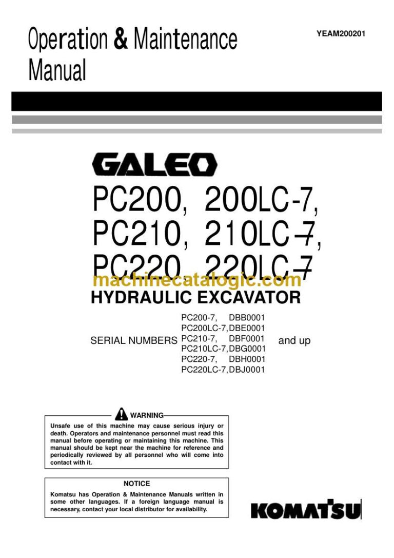 Komatsu PC200-7, PC200-7, PC210-7, PC210LC-7, PC220-7, PC220LC-7 Hydraulic Excavator Operation and Maintenance Manual (YEAM200201S)