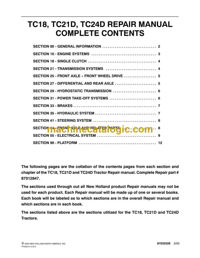 New Holland TC18, TC21D, TC24D Tractor Repair Manual (87012847)
