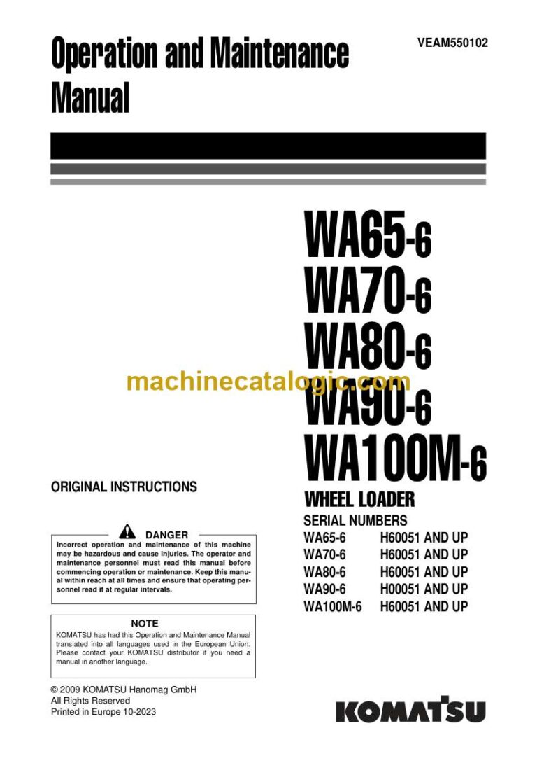 Komatsu WA65-6, WA70-6, WA80-6, WA90-6, WA100M-6 Wheel Loader Operation and Maintenance Manual (VEAM550102)