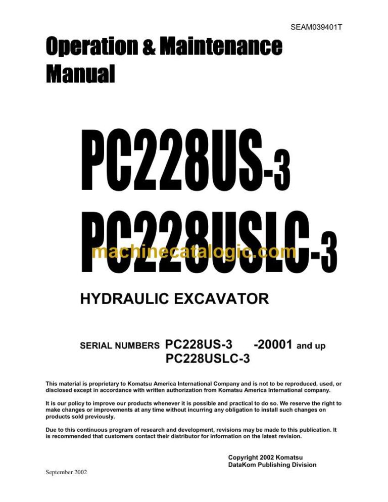Komatsu PC228US-3, PC228USLC-3 Hydraulic Excavator Operation and Maintenance Manual (SEAD039401)